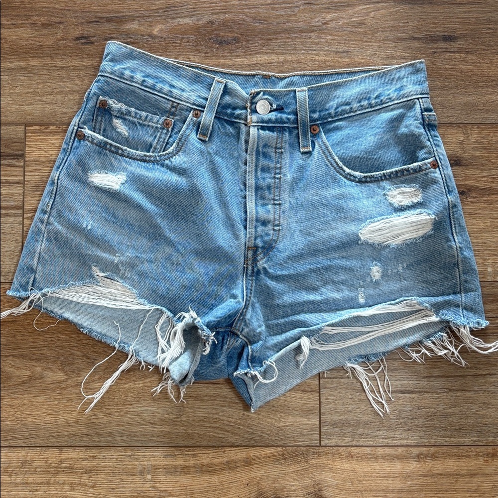 Levi's Light Blue Distressed Jean Shorts - Picture 1 of 5